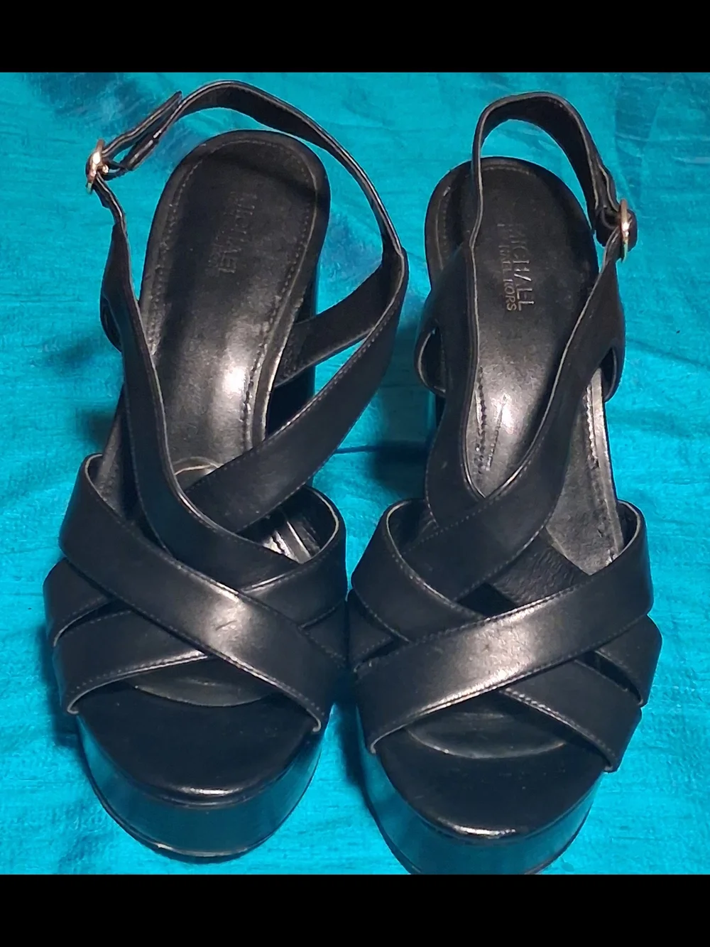 Michael Kors Black Leather Platform Crisscross Slingback Sandals with Buckle